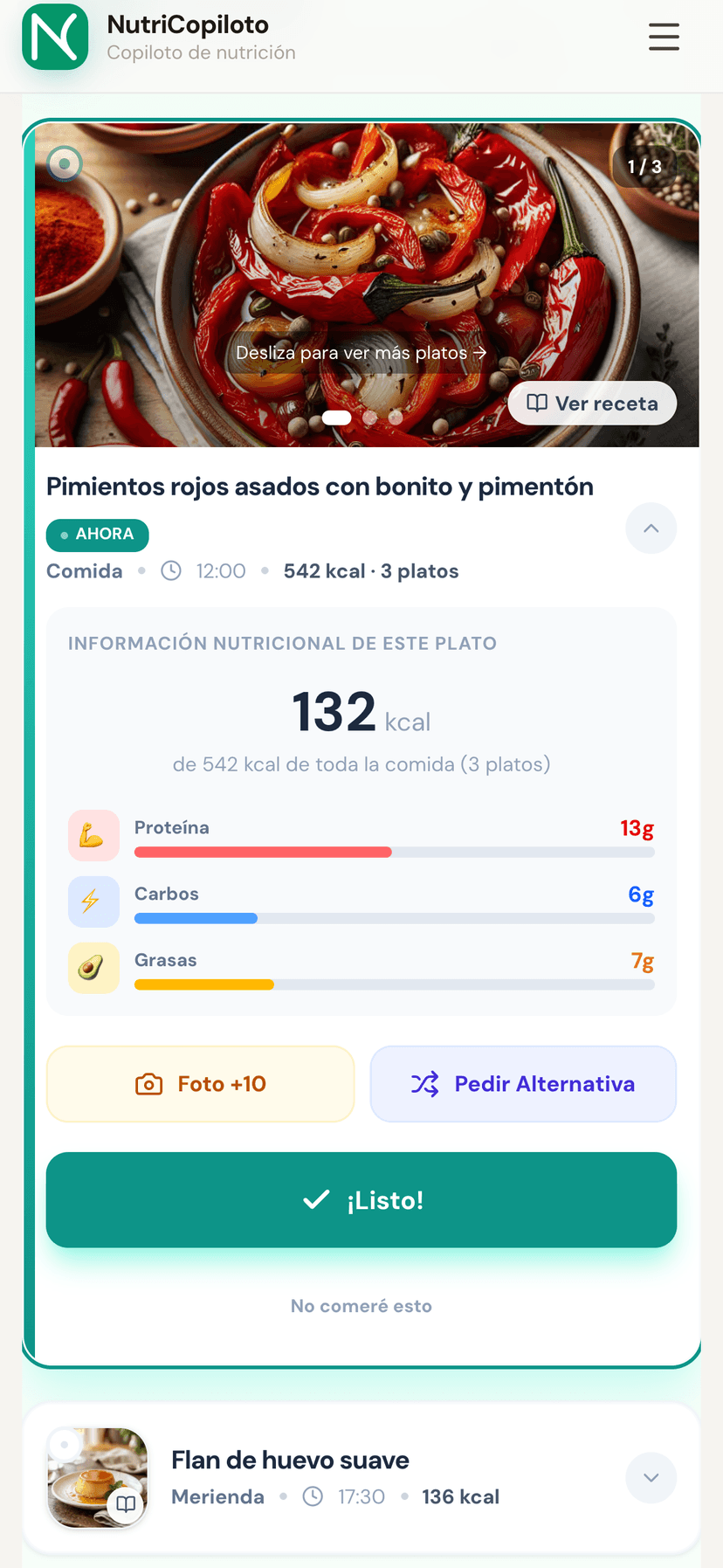 Comida del día en la app del paciente