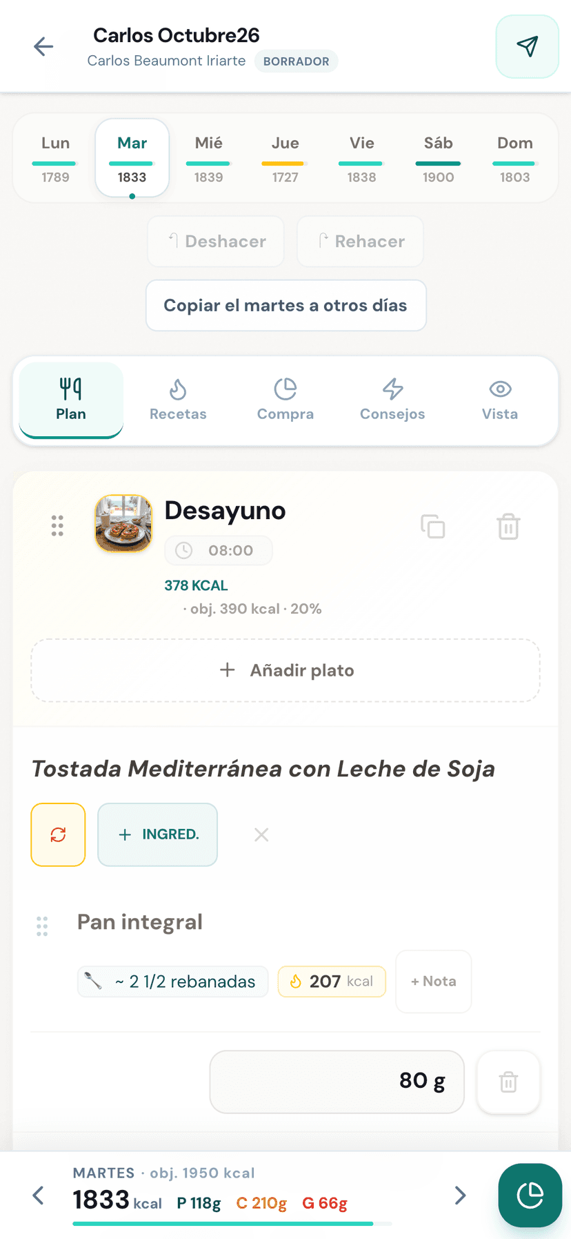Editor de la dieta semanal