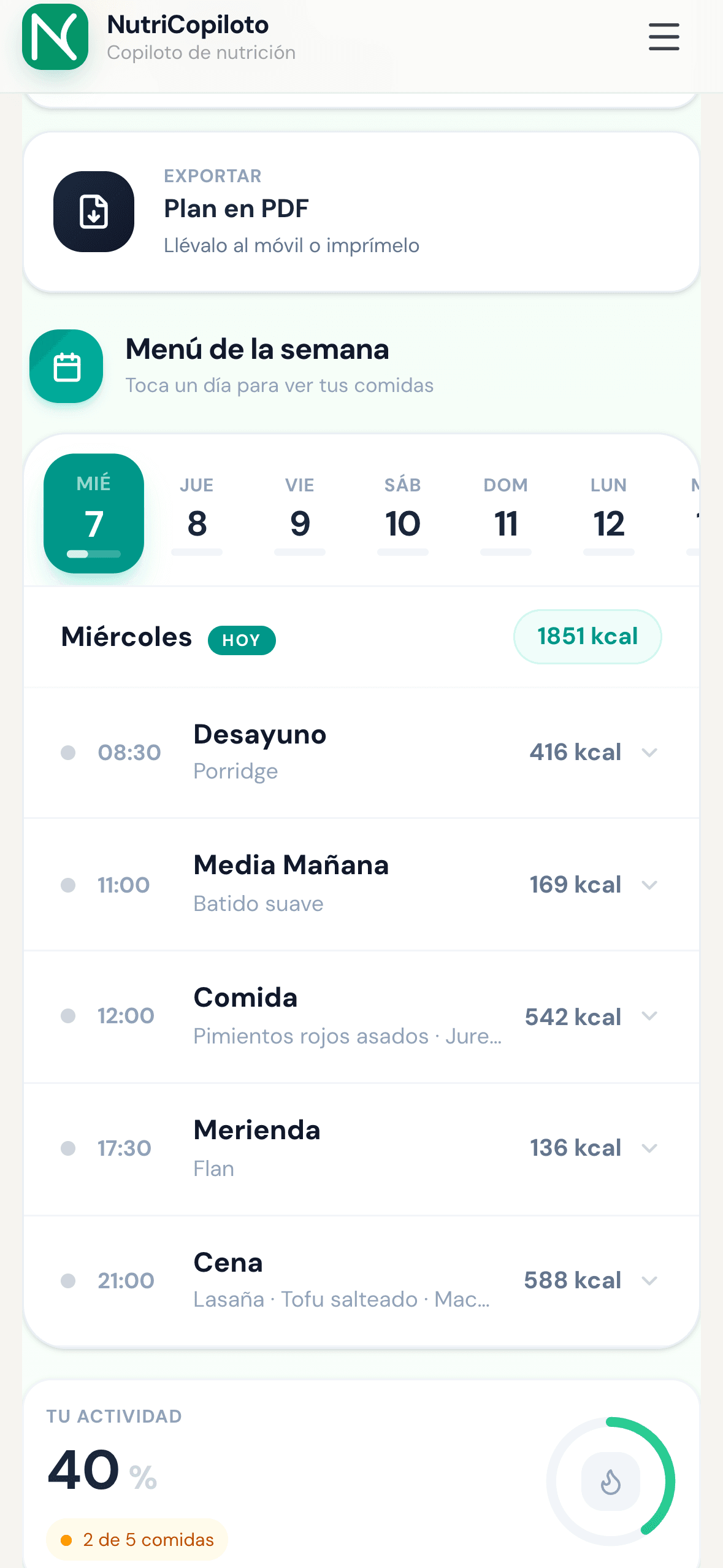 Menú de la semana en la app del paciente