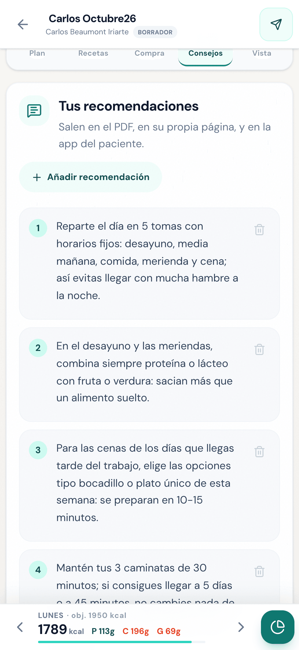 Recomendaciones del nutricionista para el PDF y la app