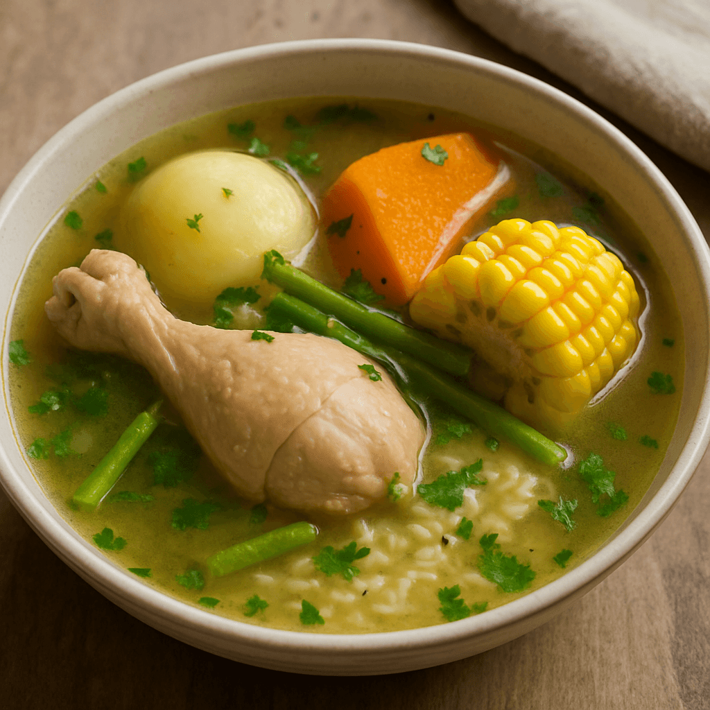 Cazuela de ave con zapallo, choclo y porotos verdes