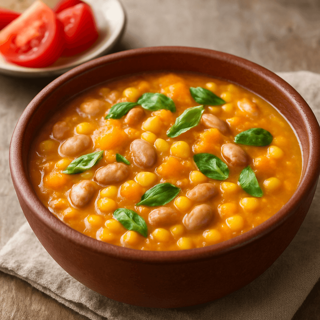 Porotos granados con pilco, zapallo y albahaca