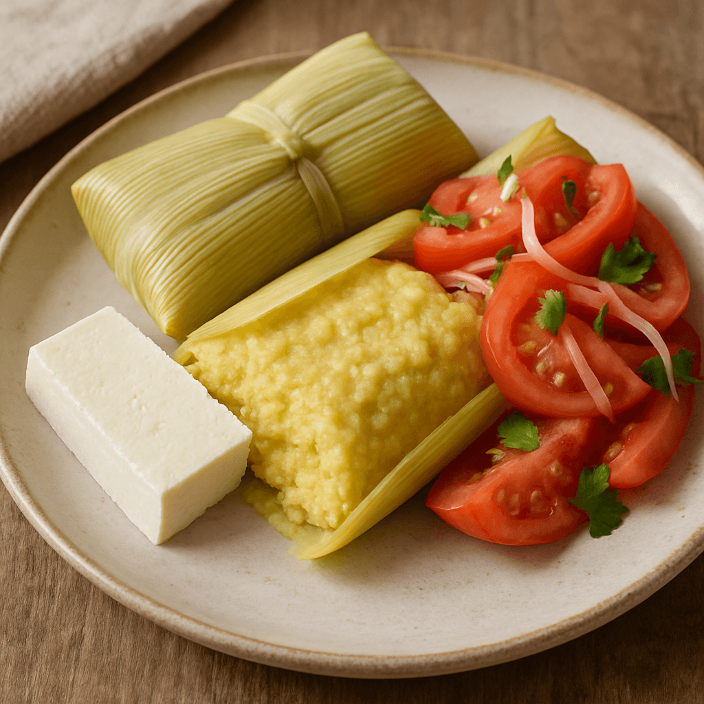 Humitas con quesillo y ensalada chilena