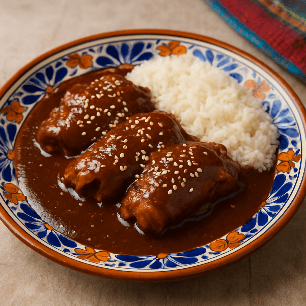 Pollo en mole poblano con arroz y ajonjolí