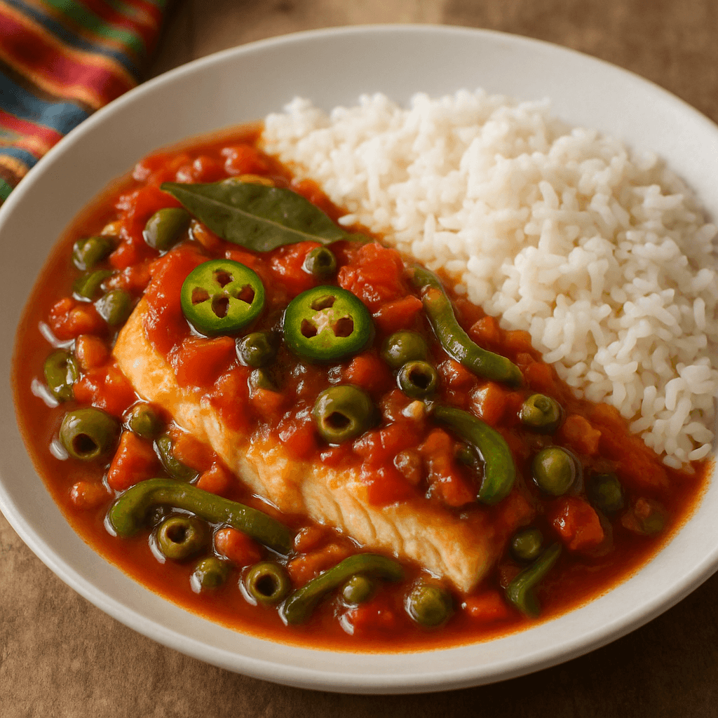 Pescado a la veracruzana con arroz blanco
