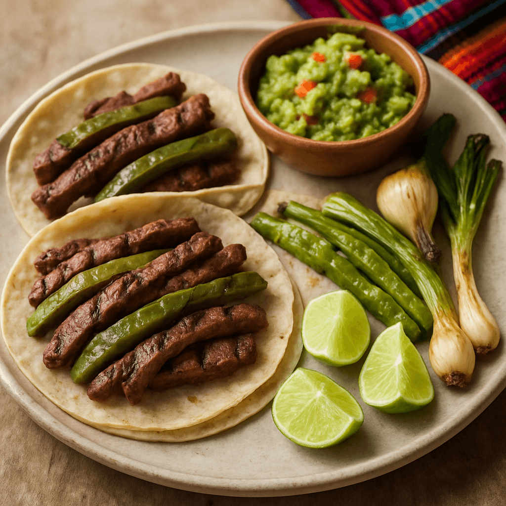 Tacos de arrachera con nopales asados y guacamole