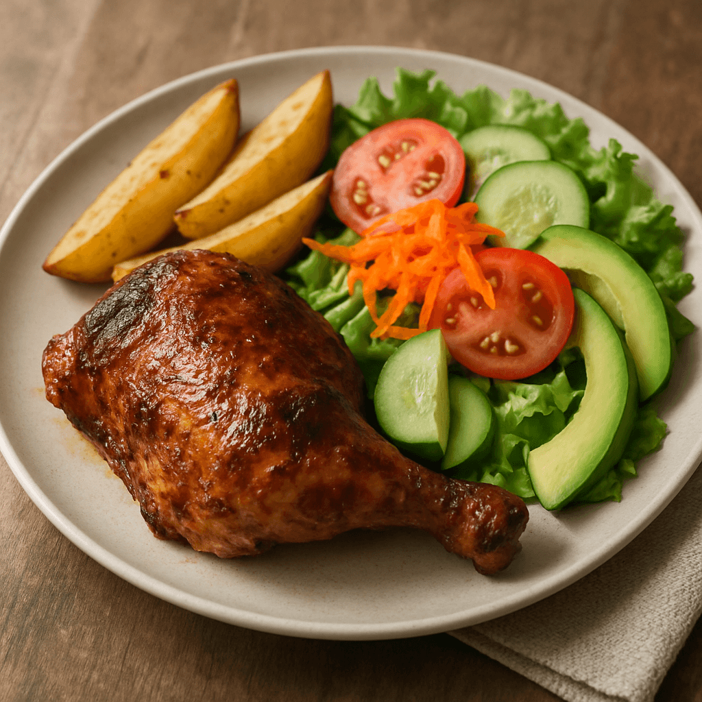 Pollo a la brasa al horno con papas y ensalada