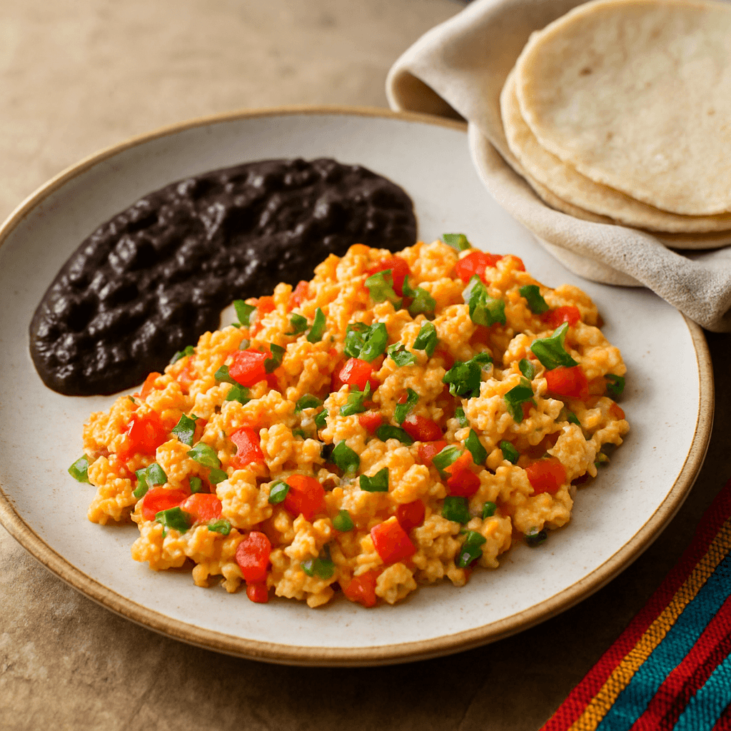 Huevos a la mexicana con tortillas de maíz y frijoles