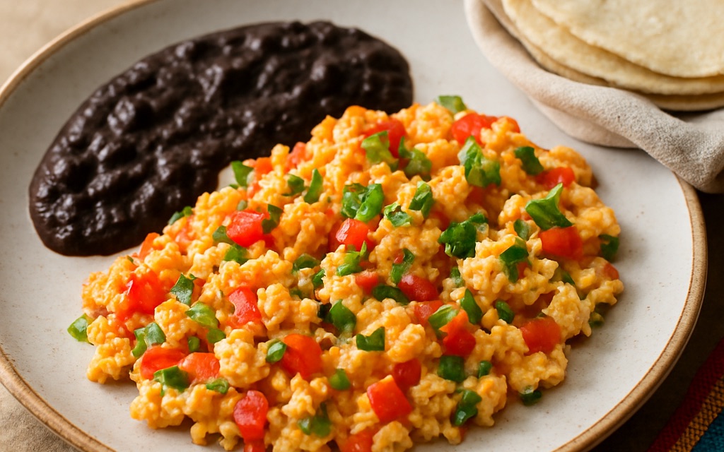 Huevos a la mexicana con frijoles y tortillas de maíz en un plato